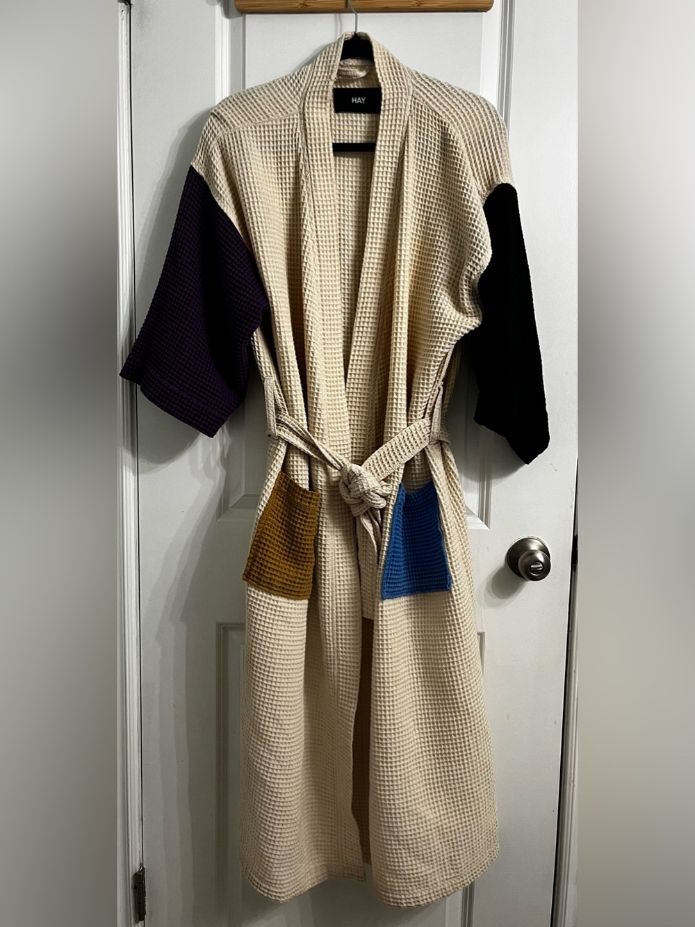 HAY Unisex kimono style Cream Waffle-Knit Colorblock Robe House Coat